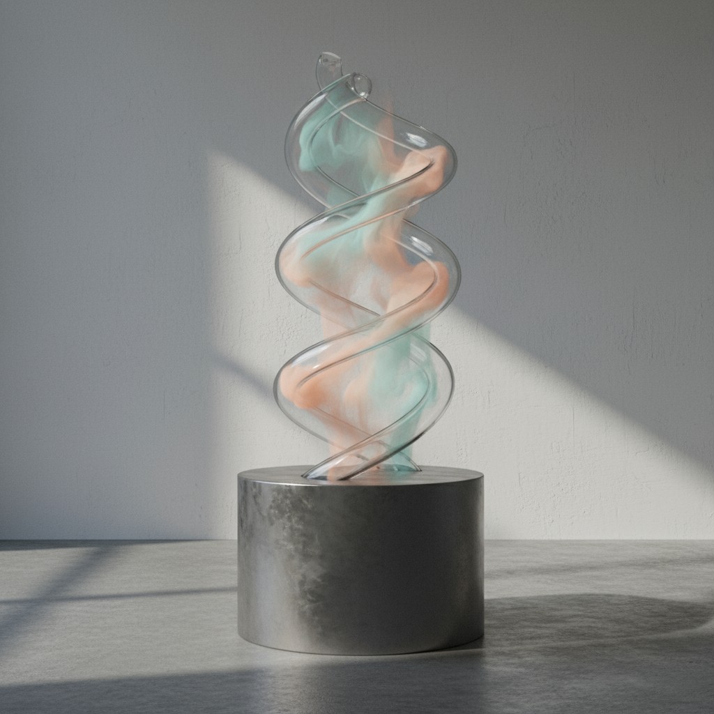 A person made of glass is wrapped around a glass artwork resembling a DNA double helix, posing dramatically in a studio.