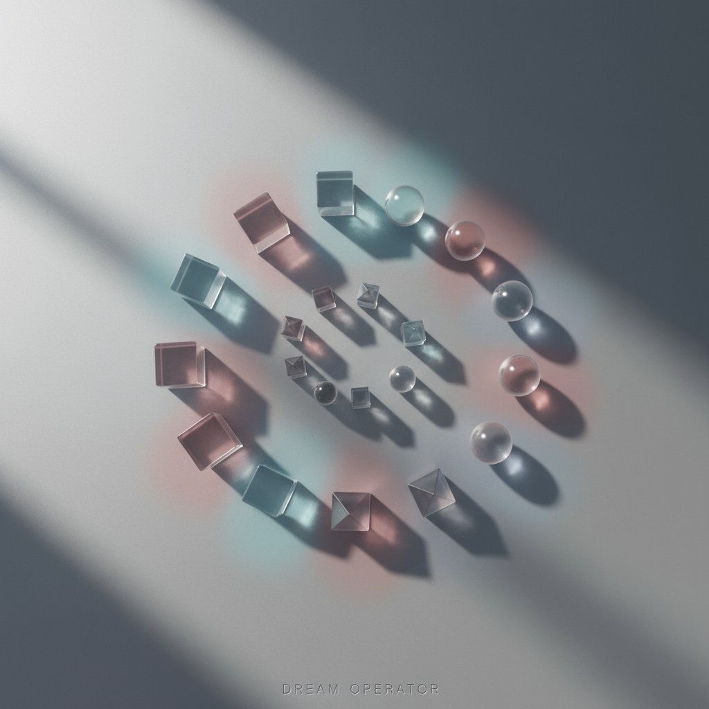 Transparent shapes such as cubes and spheres in a variety of sizes are placed on a gray surface with the light shining on ...