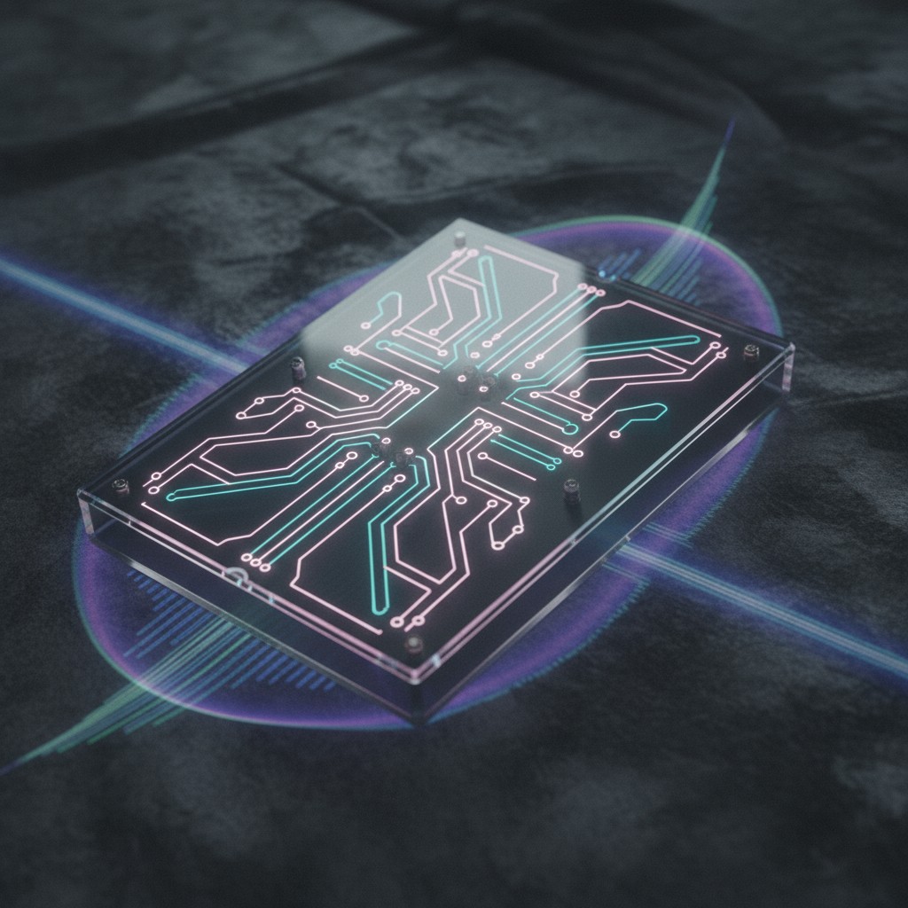 A futuristic, illuminated electrical circuit on a dark background. The circuit is made of wires that resemble neon lights,...