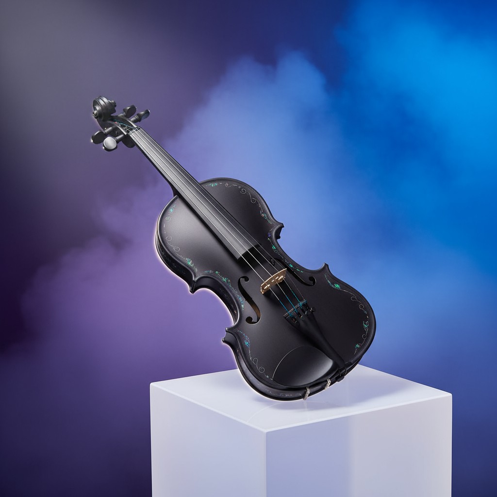 The image shows a black violin with a blue and green overlay resting on a white platform, set against a background of clou...