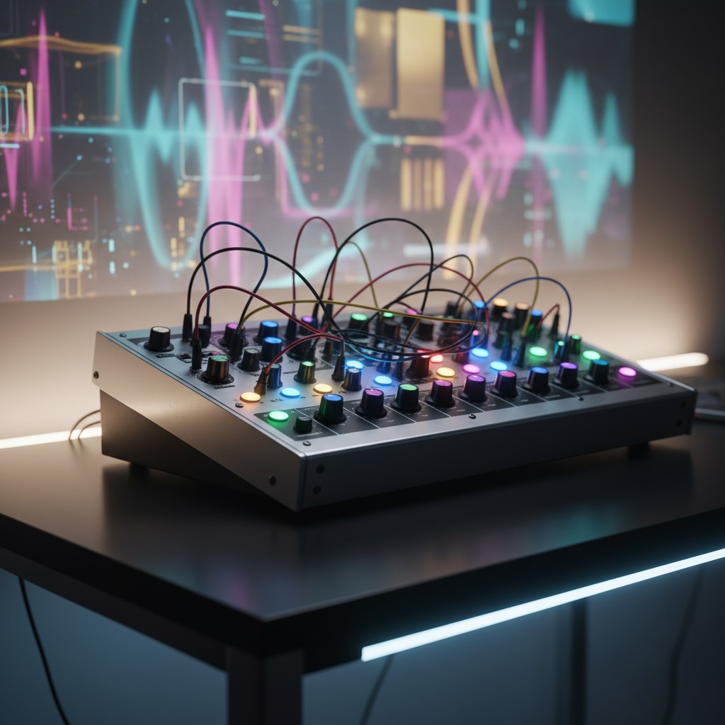 Small electronic board with colorful buttons and wires, dimly lit room background.